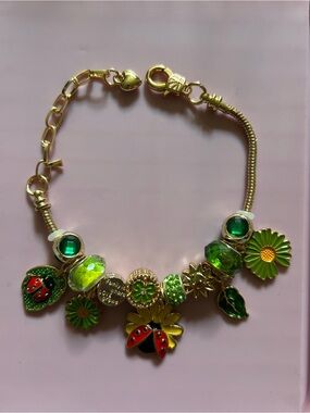 Handmade Gold-Tone Green Charm Bracelet with Ladybug & Flower Accents